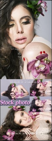    / Girl with orchids - Raster clipart