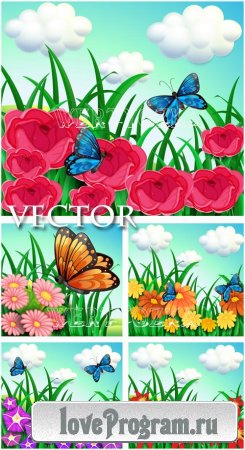     / Flowers and butterflies - vector clipart