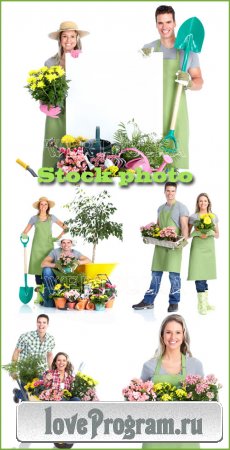  / Gardening, a man and woman with flowers - raster clipart
