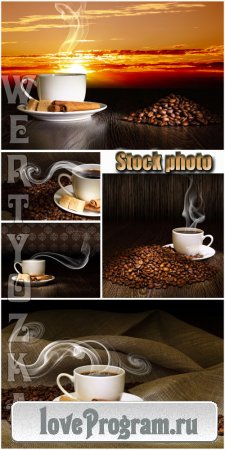      / Fragrant coffee on a background of a sunset - Raster clipart