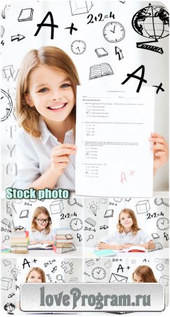  ,  / Girl with books, lessons - Raster clipart