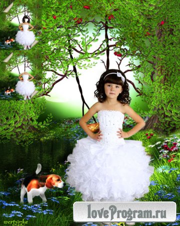 Многослойный детский psd шаблон - Девочка в белом нарядном платье с маленькой собачкой
