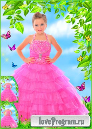 Детский шаблон - Девочка в розовом нарядном платье среди чудесных бабочек  