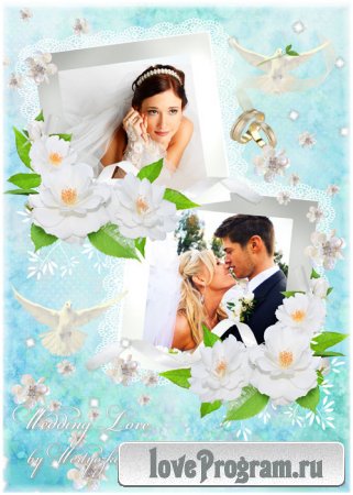 Рамка для фотошопа - Свадебные голуби и белоснежные цветы 