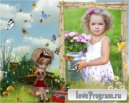 Красочная детская рамочка для фотошопа - Девочка с бабочками