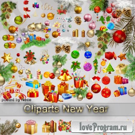   Набор новогоднего клипарта в формате PNG шарики подарки еловые ветки 