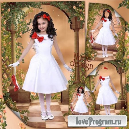   Шаблон для девочки с белым платьем с красной отделкой и красным бантом - Модница  