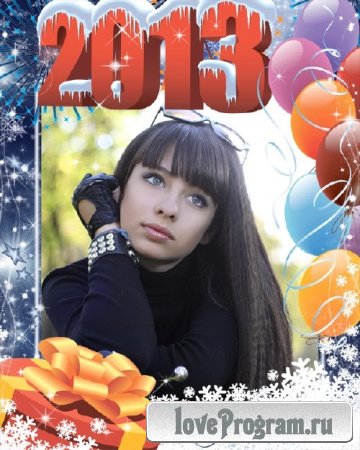 Красивая новогодняя рамочка для фотошопа с воздушными шарами, подарком и снежинками - 2013