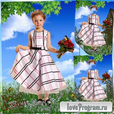   Детский шаблон для девочки со светлым платьем - В гости с букетом  