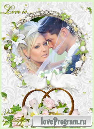 Свадебная рамка для фотошопа - Лилии, розы, голуби и обручальные кольца 