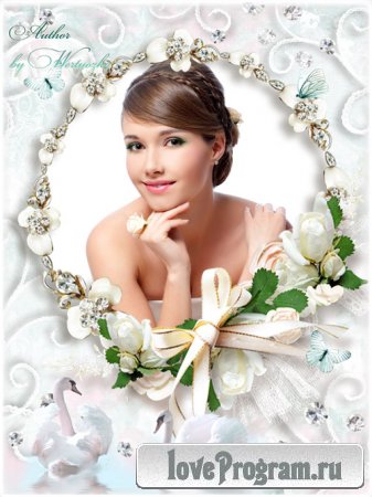 Романтичная рамка для фото - Белые лебеди, бабочки, розы 
