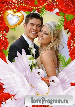 Свадебная фото рамка с красными розами и голубями