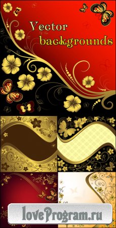 Фоны с цветами и бабочками, золотой декор - векторный клипарт 