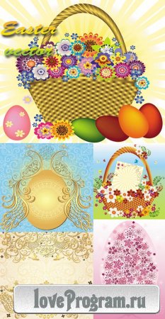 Пасха, пасхальные яйца, корзина с цветами, золотая птица, орнаменты - векторный клипарт 
