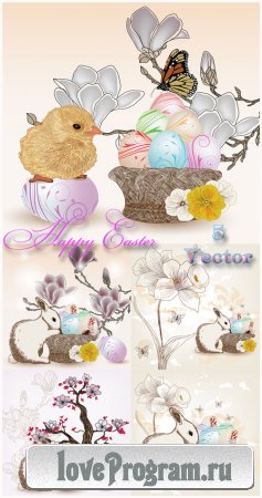 Пасха, пасхальный кролик, цыпленок, пасхальные яйца, бабочки, цветы - векторный клипарт 