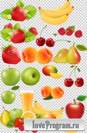 Клипарт PSD - Фрукты на прозрачном фоне яблоки клубника персик вишня малина