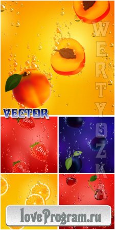 Векторные фоны с фруктами, клубника, вишня, слива, лимон / Vector backgrounds with fruit, strawberry, cherry, plum, lemon