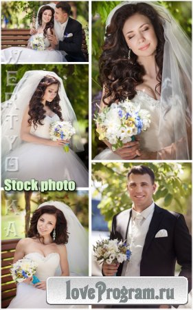 Красивая невеста и жених с цветами / Beautiful bride and groom with flowers - Raster clipart
