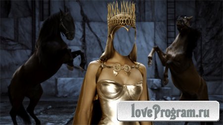  Шаблон psd женский - Королева с короной на фоне лошадей 