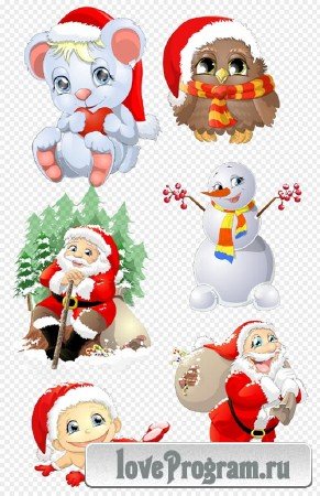 Клипарт - Новогодние персонажи дед мороз совёнок пупс на прозрачном фоне