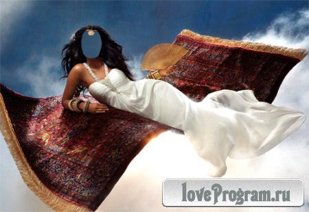  Шаблон для девушек - Принцесса в длинном белом платье на сказочном ковре 