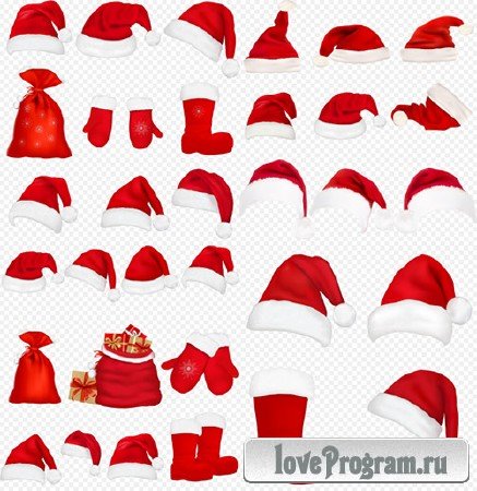 Клипарт - Новогодние шапки с бубенчиком варежки валенки мешки с подарками на прозрачном фоне PSD