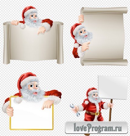 Клипарт - Дед морозы с поздравительными свитками и плакатами на прозрачном фоне PSD