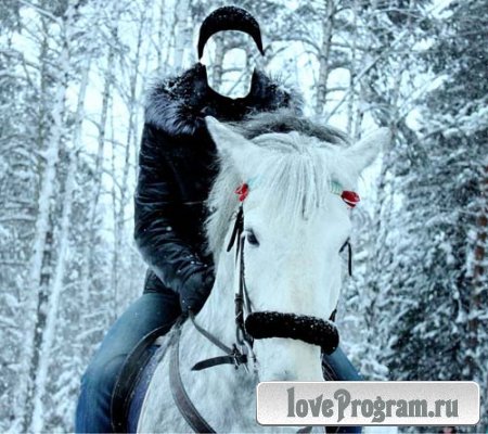  Шаблон для Photoshop - Фото на коне в зимнем лесу 