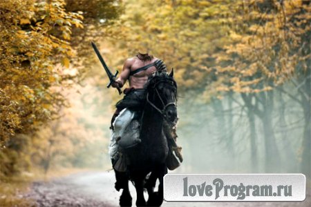  Шаблон мужской - Мужественный воин с мечом на лошади 