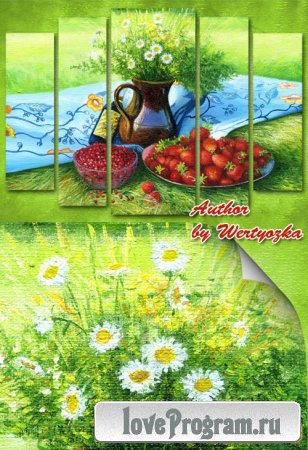 Модульная картина полиптих - Натюрморт, пикник, ромашки, клубника