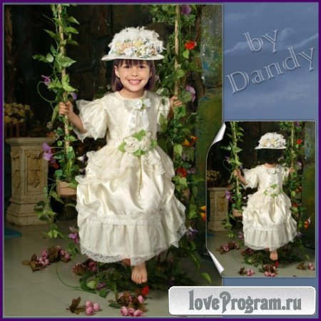 Шаблон для фотошопа - Девочка на качелях из цветов