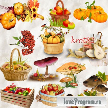 Осенний клипарт PNG  – Тыква, грибы, ягода, яблоки