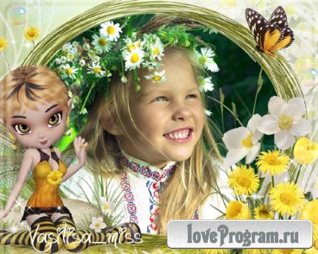 Летняя рамочка для фотошопа с цветами, бабочкой и девочкой пчёлкой