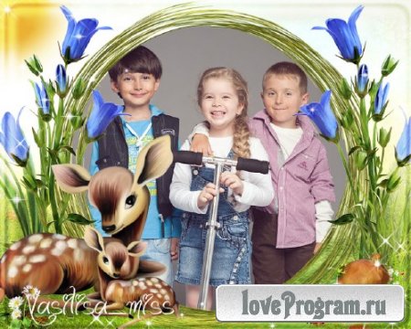 Детская рамочка для фотошопа с ласковыми оленями и голубыми цветами